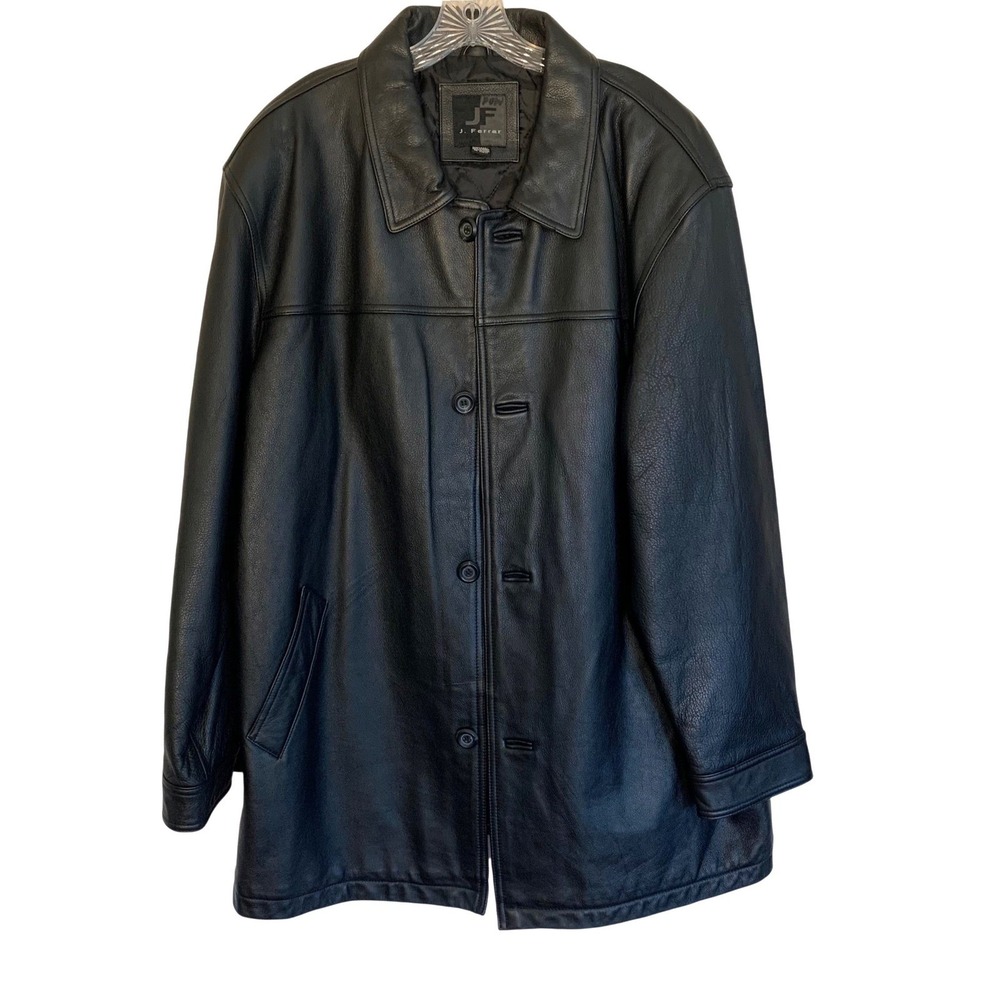 J Ferrar Mens Black Leather‎ Jacket XL Quilted Lined 5 Button 3/4 Length Coat